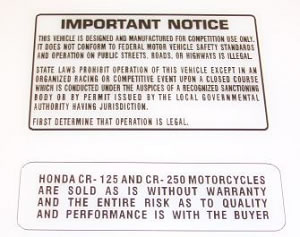 1976 - 1977 Honda CR125 Warning decal sticker set