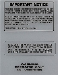 1978 1979 Honda CR125R CR250R Elsinore warning decal stickers